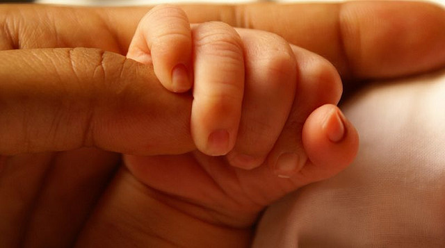 Doesn't let go: baby holding onto adult finger.