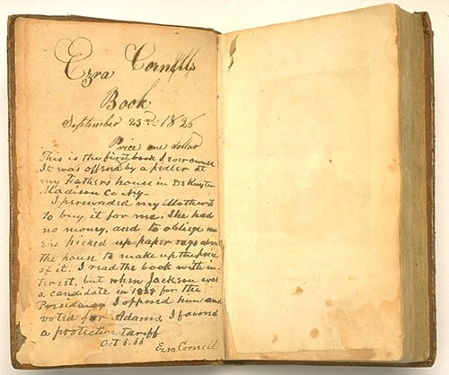http://commons.m.wikimedia.org/wiki/File:Ezra_Cornell%27s_first_book.jpg