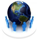 worldview, people standing around the world, looking at it