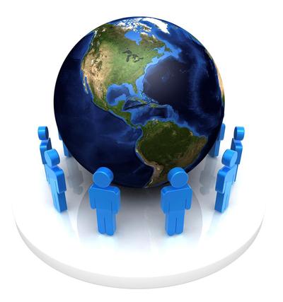 worldview, people standing around the world, looking at it