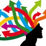 Many different colored arrows coming out of a person's head