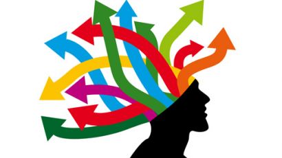 Many different colored arrows coming out of a person's head